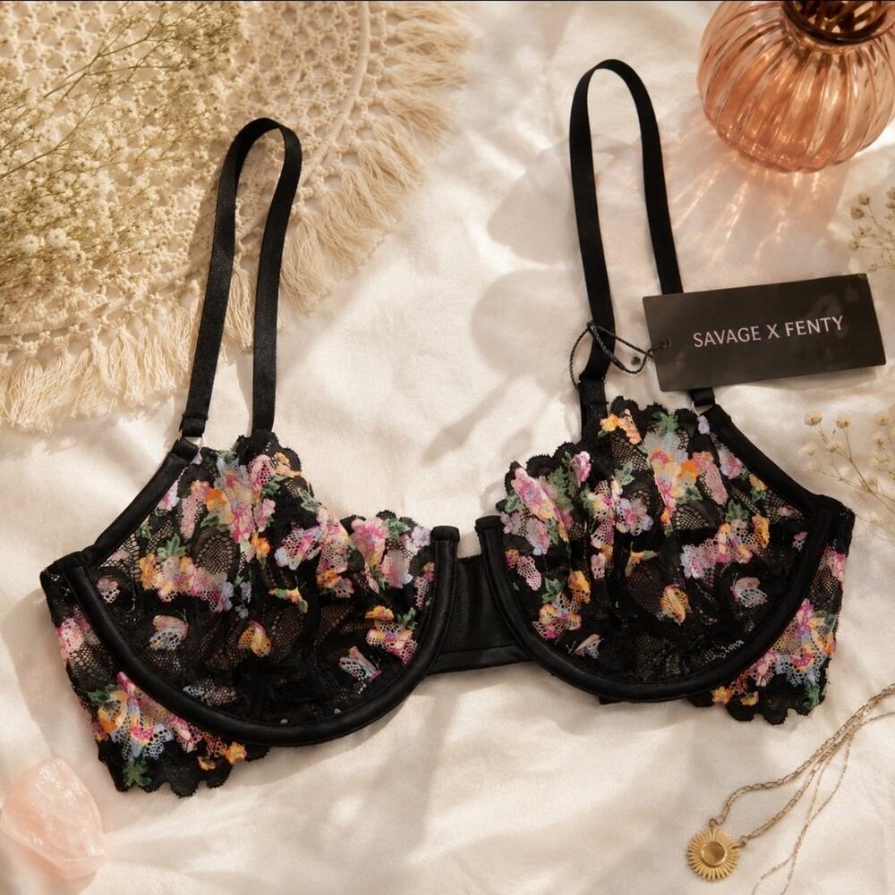NWT Savage X Fenty 34C Not Sorry Lace Unlined Sheer Black Floral Lace Bra